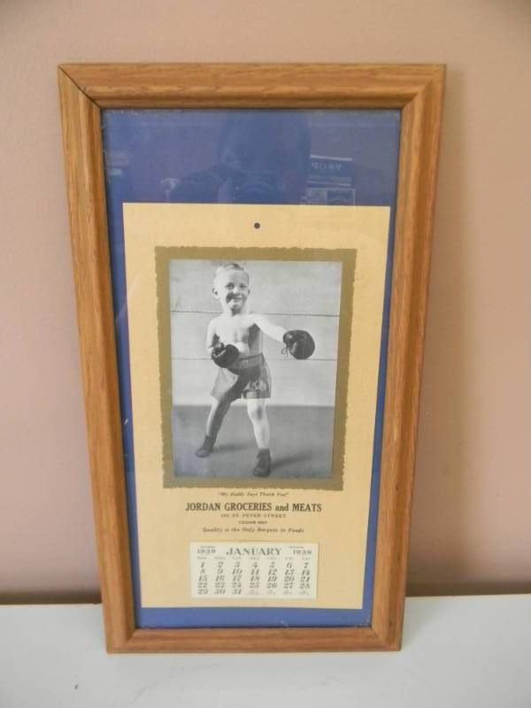 lot 29 image: VINTAGE 1939 JORDAN GROCERIES AND MEATS CALENDAR - VERY NICE - IN FRAME - APPROX 10 BY 17 - SEE PICTURES
