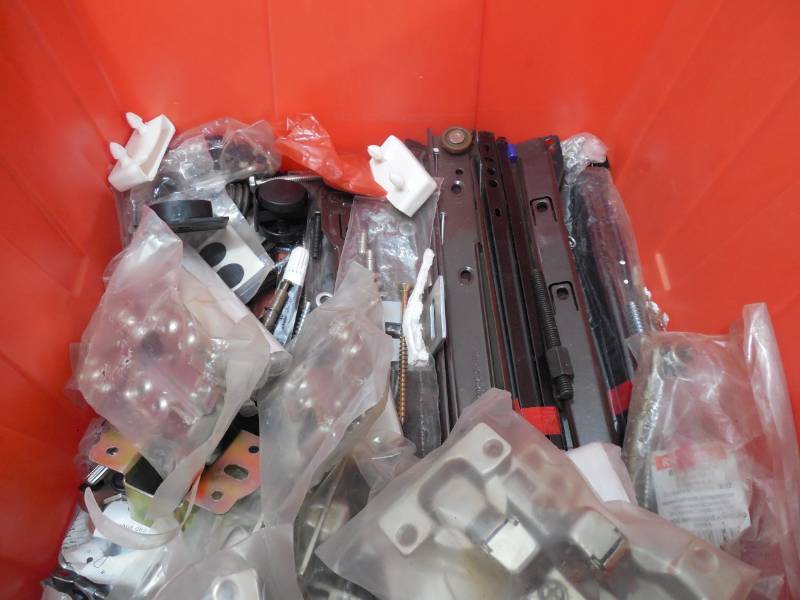 lot 41 image: Huge Assorted Lot of Furniture Hardware -with tote- Hinges, screws, drawer slides & More