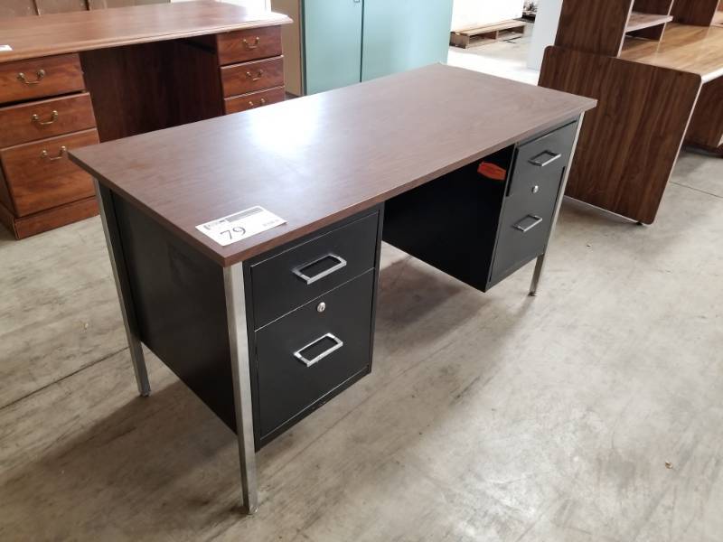 lot 79 image: 4-Drawer Metal Office Desk with Wood Top