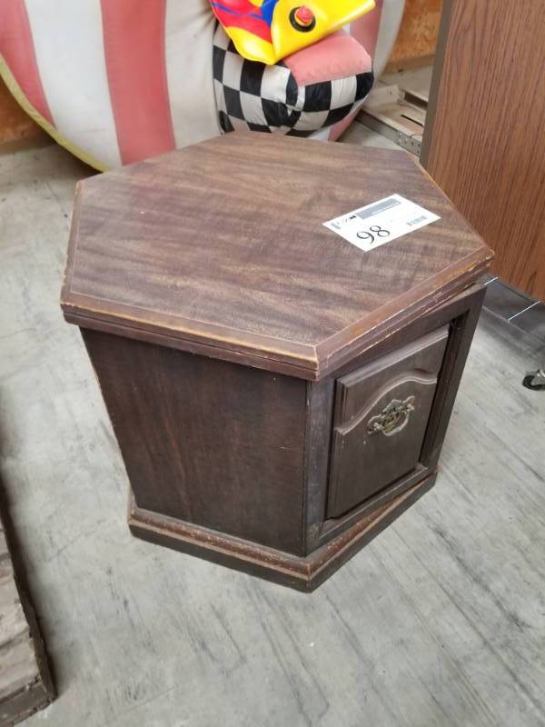 lot 98 image: Hexagon Wood End Table with 2-Door Storage