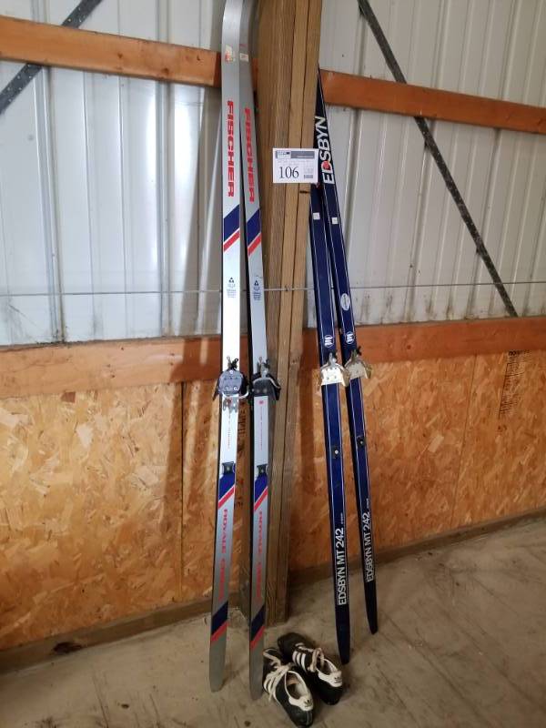 lot 106 image: Two Sets of Edsbyn MT 242 Fischer Cross Country Skis, Poles with One Pair 9.5 Shoes