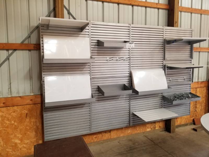 lot 114 image: Commercial Metal Slat Wall Display Unit with Shelves, Brackets, Hardware