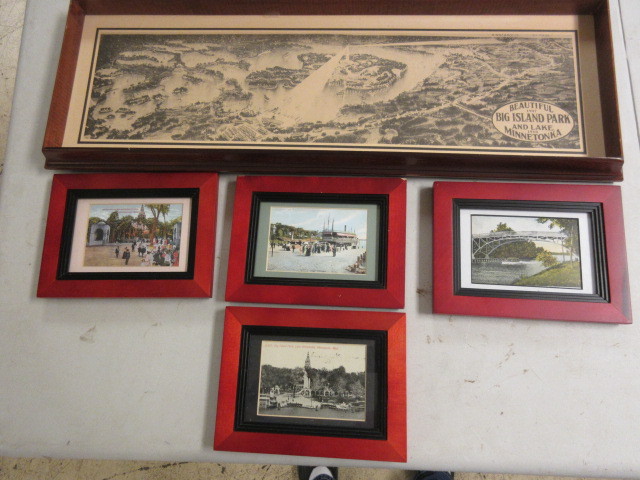 lot 319 image: BIG ISLAND PICTORIAL MAP AND FRAMED VINTAGE LAKE MINNETONKA POSTCARDS