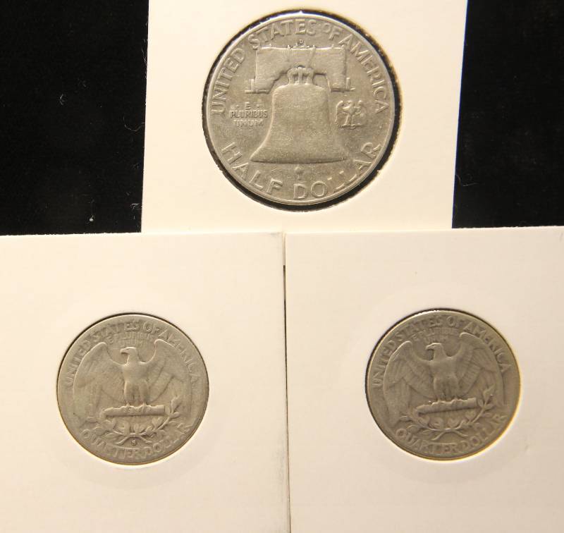3 US SILVER COINS FRANKLIN HALF DOLLAR & 2 WASHINGTON QUARTERS