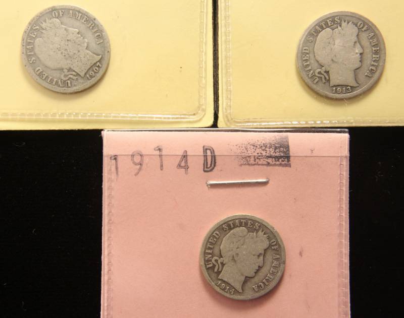 3 BARBER SILVER DIMES 1907-O 1913 1914-D