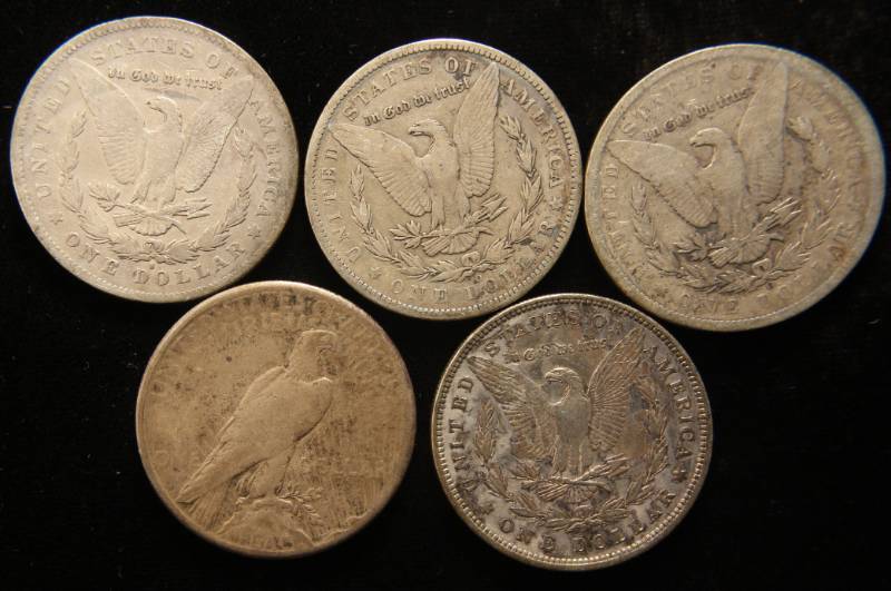 GROUP OF 5 US SILVER DOLLARS 1878-S 1880 1889-O 1891-O MORGAN 1922-S PEACE