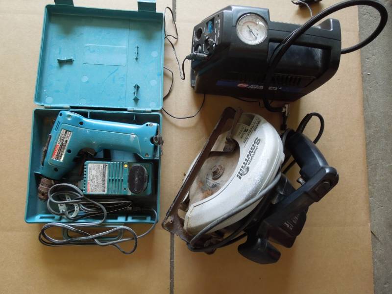 lot 9 image: 3 Tools - Circular Saw, Compressor, Drill