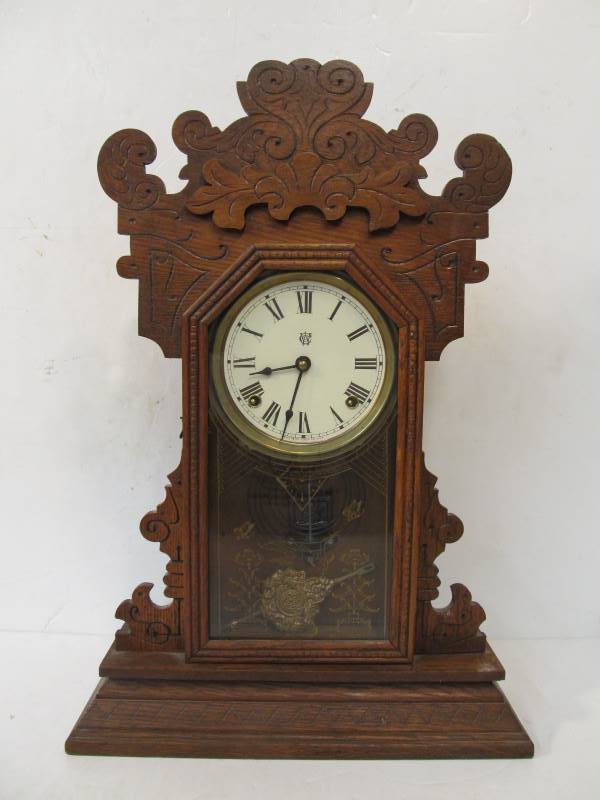 lot 12 image: Working Antique WATERBURY Jenkins Gingerbread Kitchen Clock