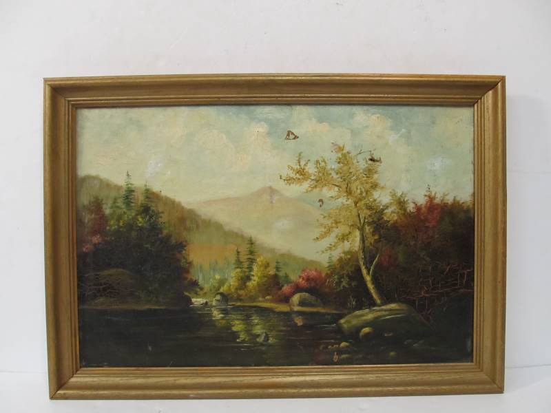lot 17 image: Original Antique Signed 1886 Oil on Canvas Mountain Stream Landscape Painting