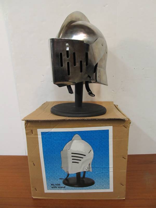 lot 24 image: Medieval Style Steel Knights Helmet wBox & Stand