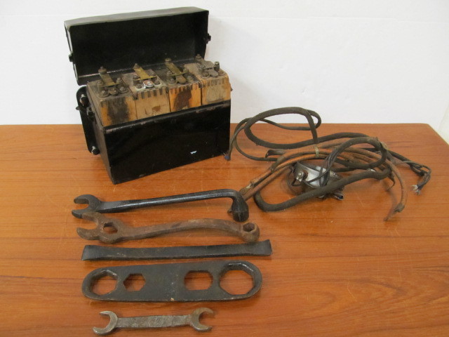 lot 154 image: Antique Model T Ford Coil Box wCoils & Script Ford Wrenches