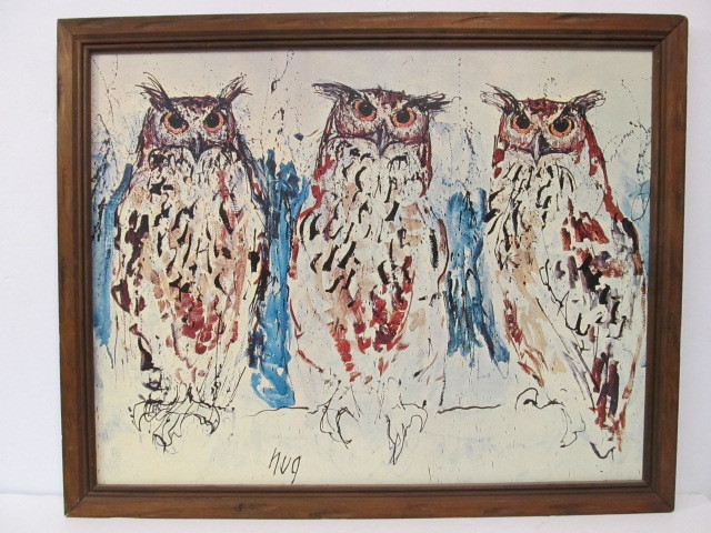 lot 180 image: Vintage Mid Century Framed Owl Print On Canvas