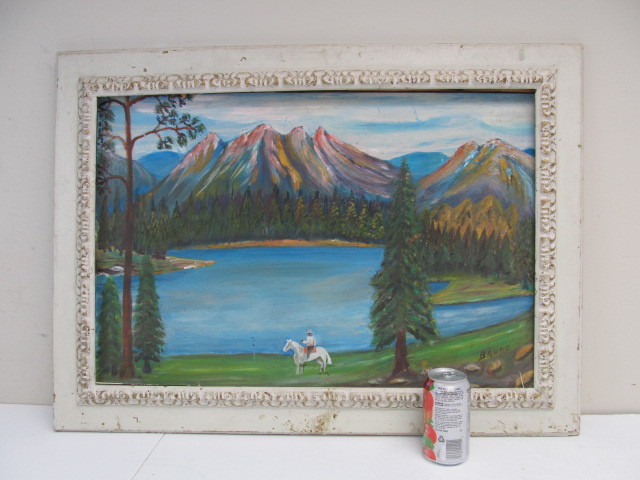 lot 231 image: Vintage Framed Original Western Scene Folk Art Oil Painting