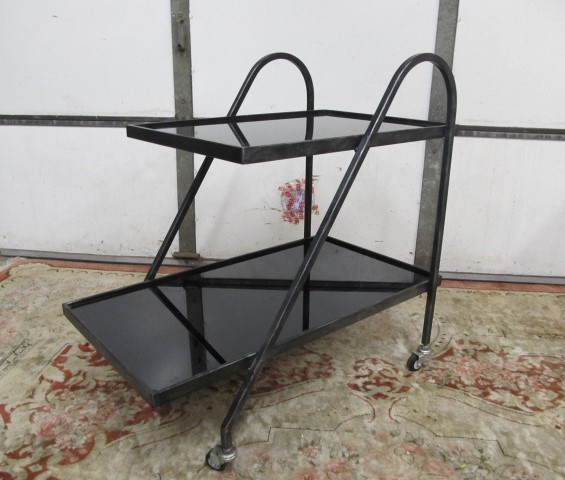 lot 5 image: Vintage Mid Century Smoked Black Glass & Steel Bar Cart