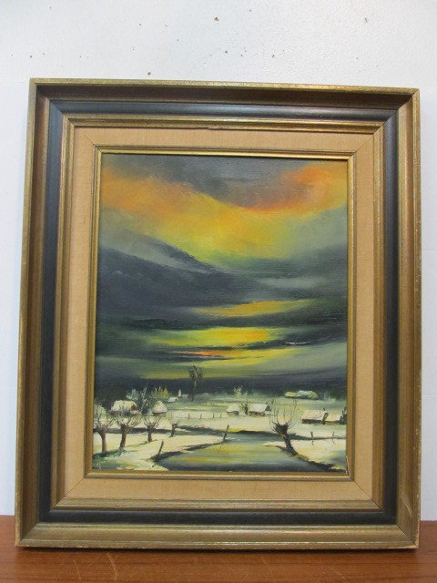 lot 249 image: Nice Vintage Signed Oil on Canvas Rural Village Scene Painting