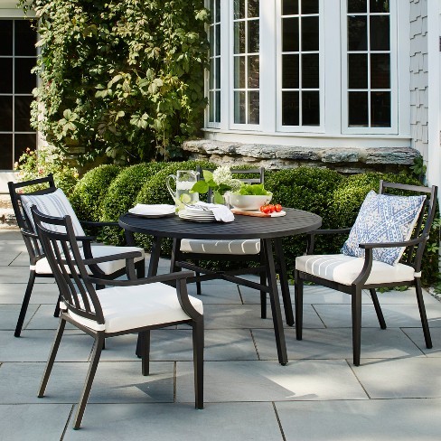 lot 104 image: NEW IN BOX  Threshold - Fairmont 2pk Stationary Patio Dining Chair - wlinen cushions