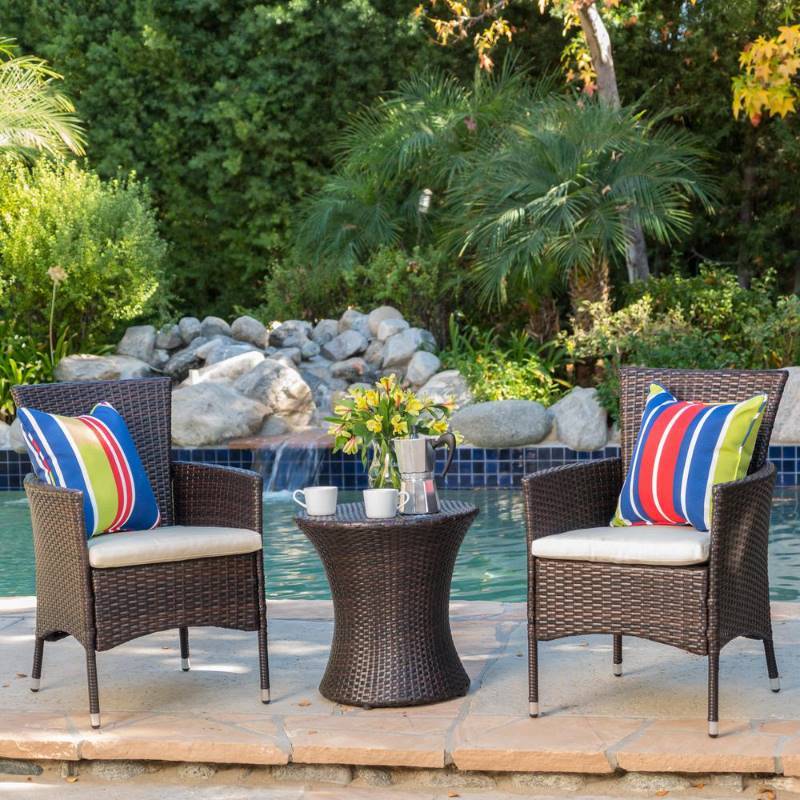 lot 110 image: NEW IN BOX - Noble House - Malta Multibrown 3-Piece Wicker Patio Conversation Set with Beige Cushions