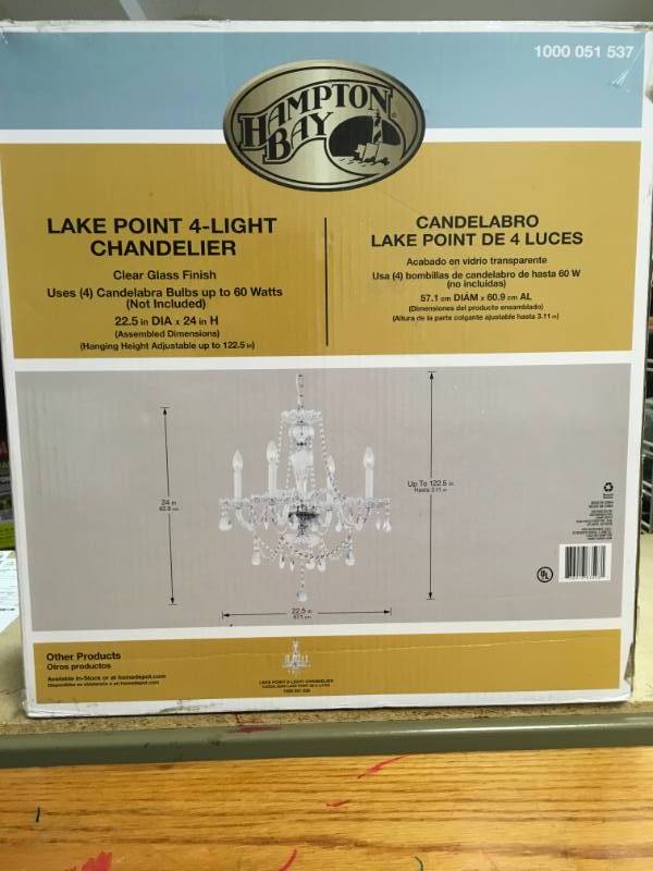 Hampton Bay Lake Point 4-Light Chrome and Clear Crystal Chandelier not used