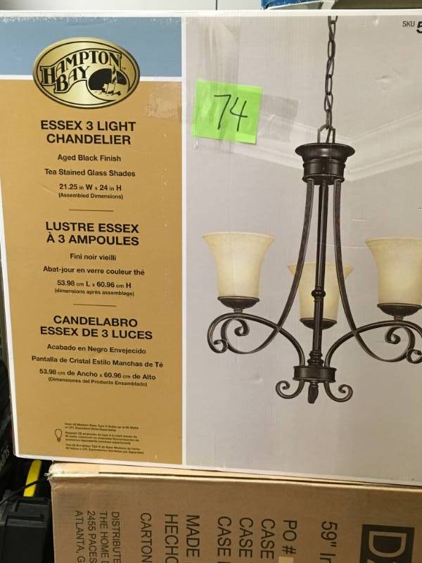 Hampton Bay Essex 3-Light Aged Black Chandelier with Tea Stained Glass Shades in good condition