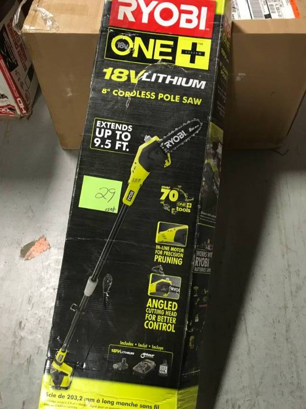 lot 29 image: RYOBI ONE 8 in. 18-Volt Lithium-Ion Cordless Pole Saw 1.3 Ah Battery and Charger Included in good condition