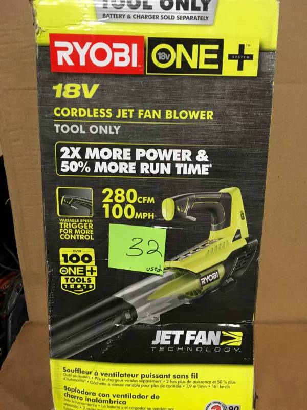 lot 32 image: One 100 mph 280 CFM 18-Volt Lithium-Ion Cordless Jet Fan Blower - Battery and C used in good condition