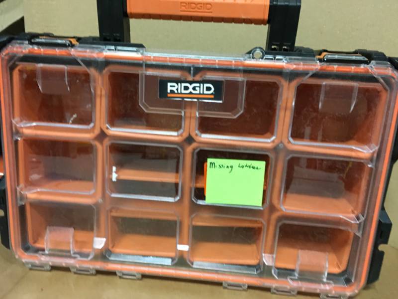 RIDGID Pro System Gear 10-Compartment Small Parts Organizer missing latch  pins, KX REAL DEALS INVER GROVE HTS TOOLS FANS LIGHTNING OUTDOOR AND MORE