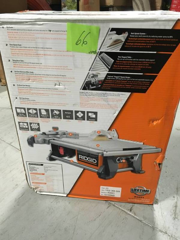 lot 66 image: RIDGID 120-Volt 7 in. Table Top Wet Tile Saw-R4021 in good condition