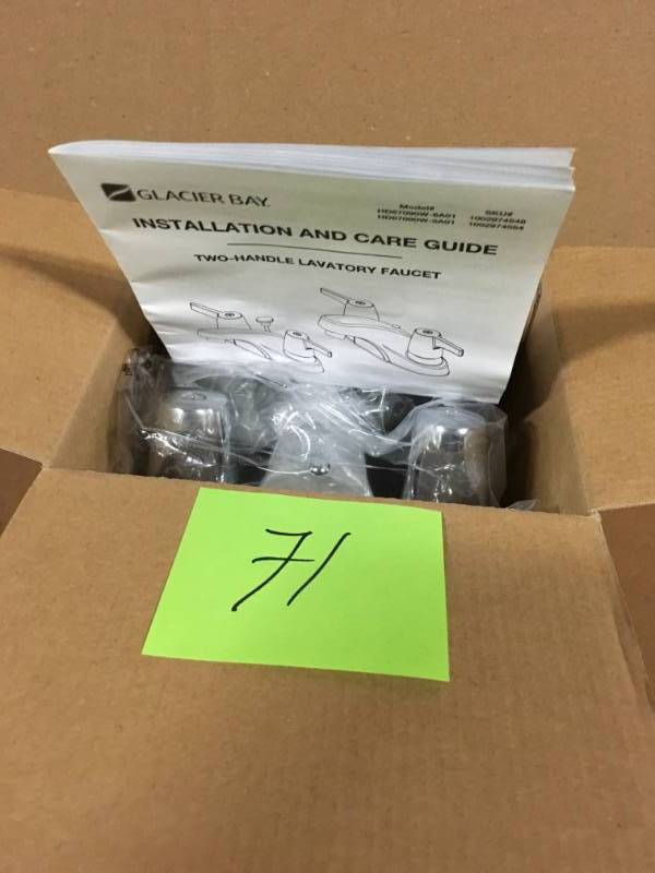 lot 71 image: Glacier Bay Aragon 4 in. Centerset 2-Handle Low-Arc Bathroom Faucet without Pop-Up Drain in Chromein good condition