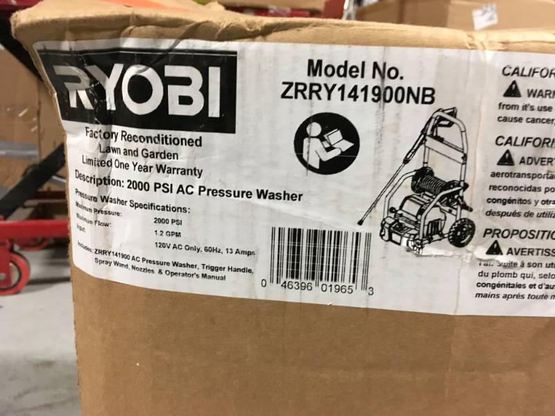 lot 83 image: RYOBI Reconditioned 2,000 PSI 1.2 GPM Electric Pressure Washer in good condition