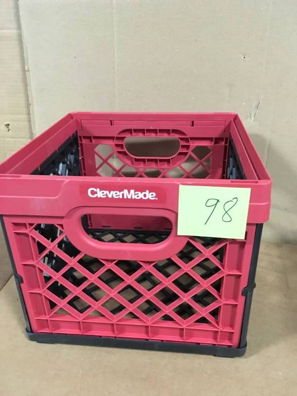 lot 98 image: CleverMade Collapsible Milk Crate - Stackable Collapsible Storage BinContainerUtility Tote, 25 Liters, Red in good condition