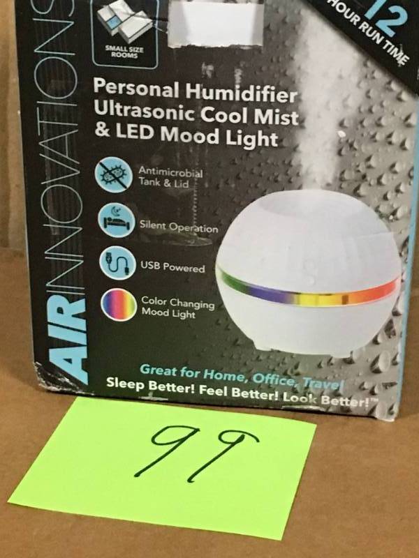 lot 99 image: Air Innovations Ultrasonic Cool Mist Personal Humidifier with LED Mood Light in good condition
