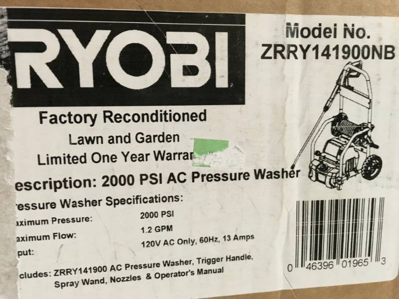 RYOBI Reconditioned 2,000 PSI 1.2 GPM Electric Pressure Washer in good condition