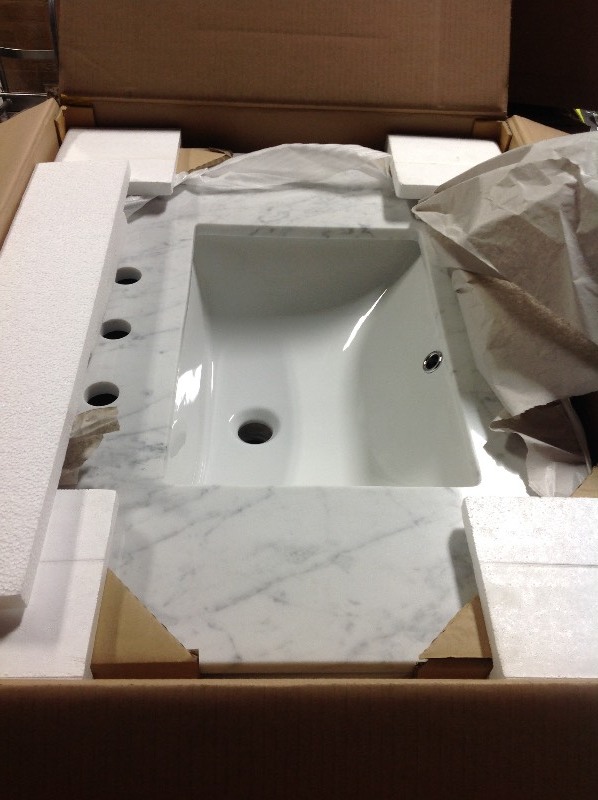 Home Decorators Collection Strousse 31 in. W x 22 in. D Vanity Cabinet in Distressed Blue Fog with Marble Top in Carrara White with White Sink not used