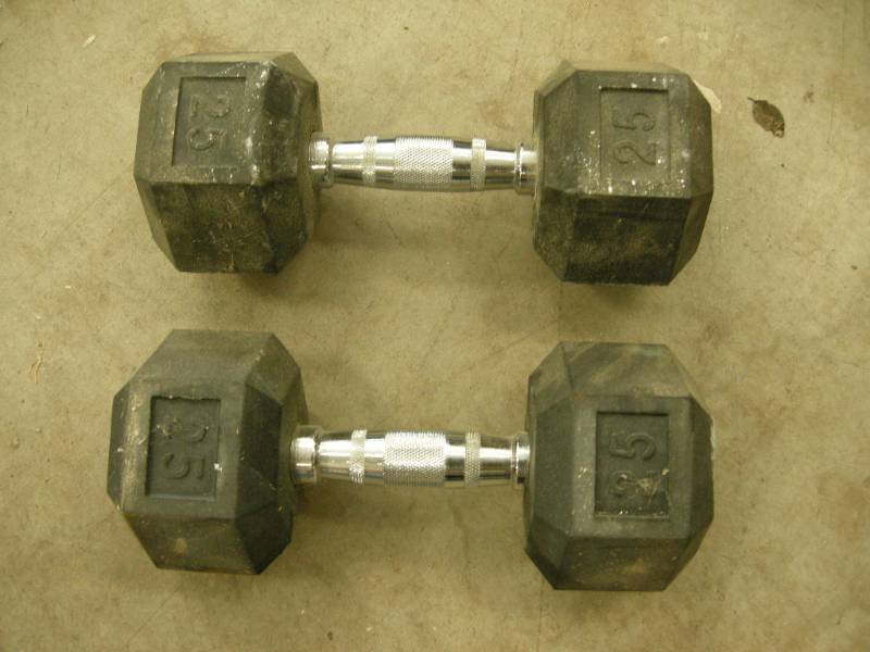 lot 164 image: Pair 25lb Rubber Coated Dumbbells