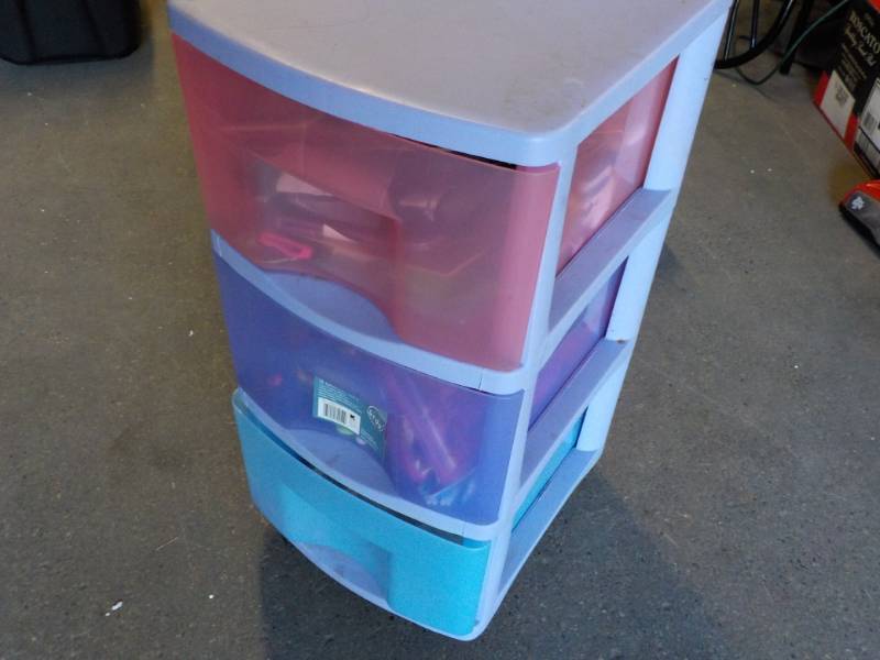 lot 145 image: 3 Drawer Plastic Cart with Contents...