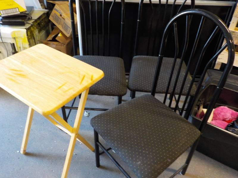 lot 150 image: 3 Metal Chairs and a wood TV Stand...
