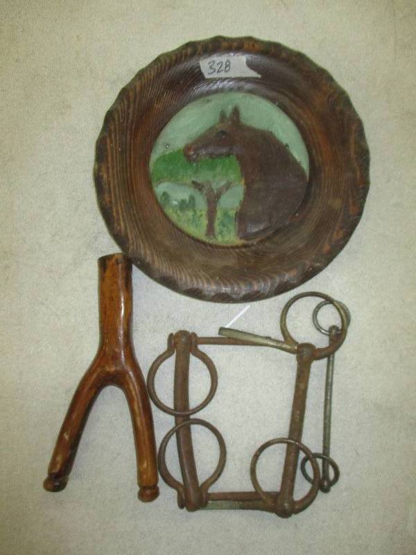 horse bits 3 of themwood, sling shot, plate