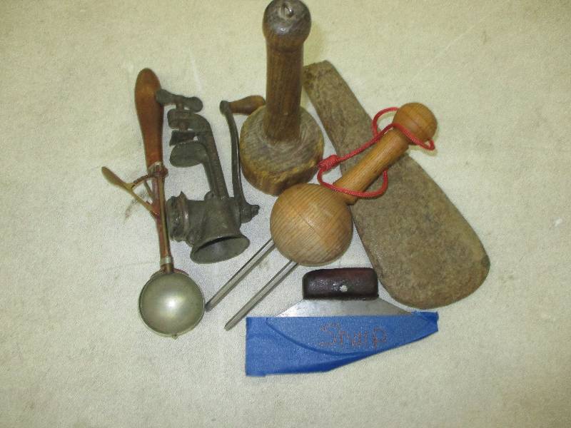wood plunger, beaver bone butter paddle,wooden handled ice cream dipper, small grinder, chopper