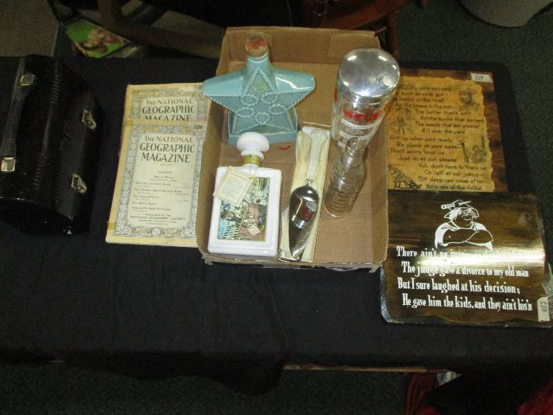 luch box,, mixer bos, national geographic 1916 books, decanters etc