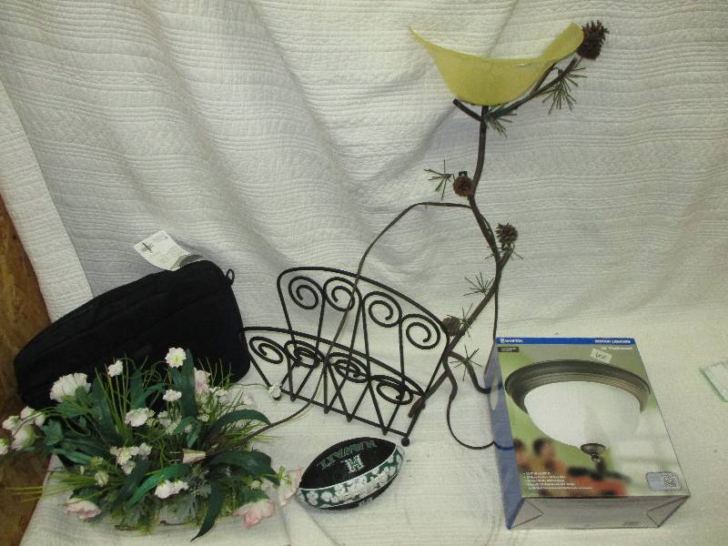 magazine rack, computer case, flowers, wall ,light, football, light fixture