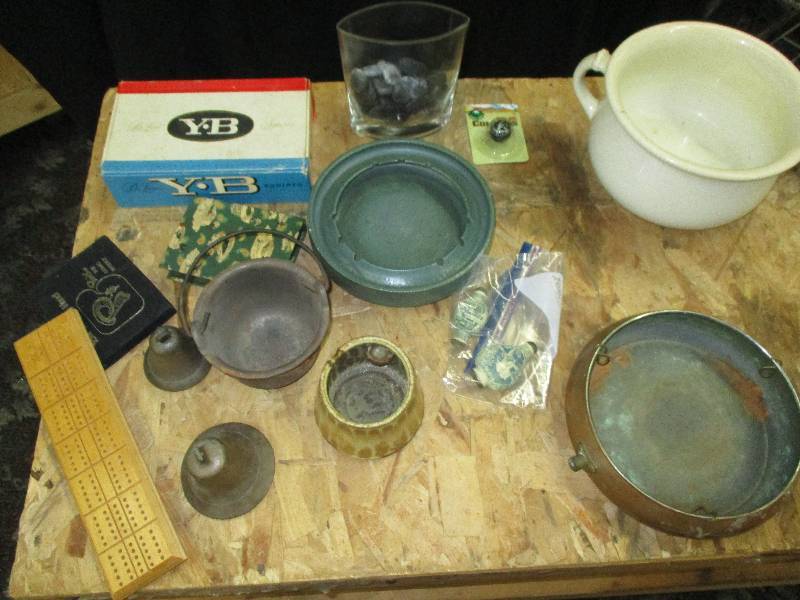 pots, bells, carved irory, brass look at description