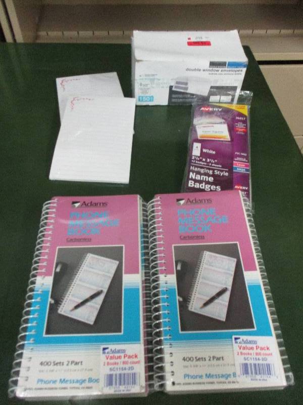 envelopes, name tags, message books, stationary