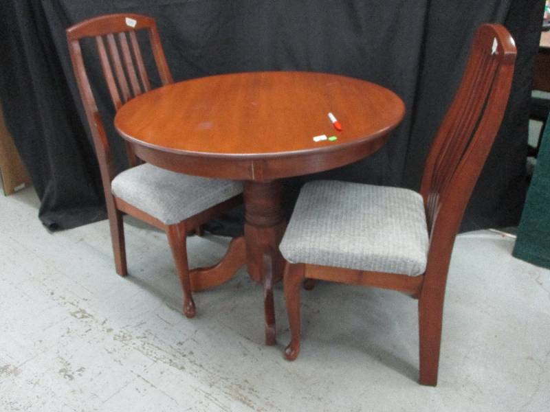 maple round table and 2 chairs