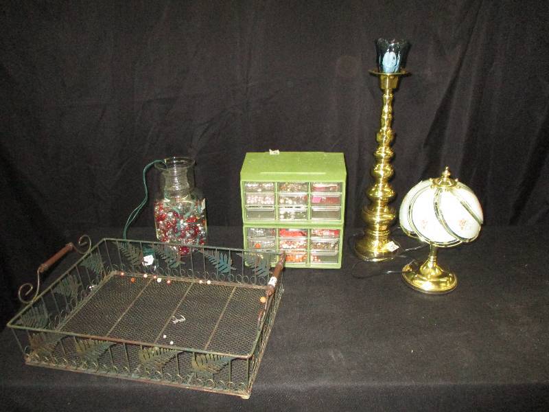 beads, organizers two, metal basket tray, candle holder, lamp, lighted jar