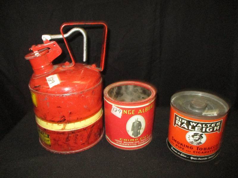 gas can, tobacco tins