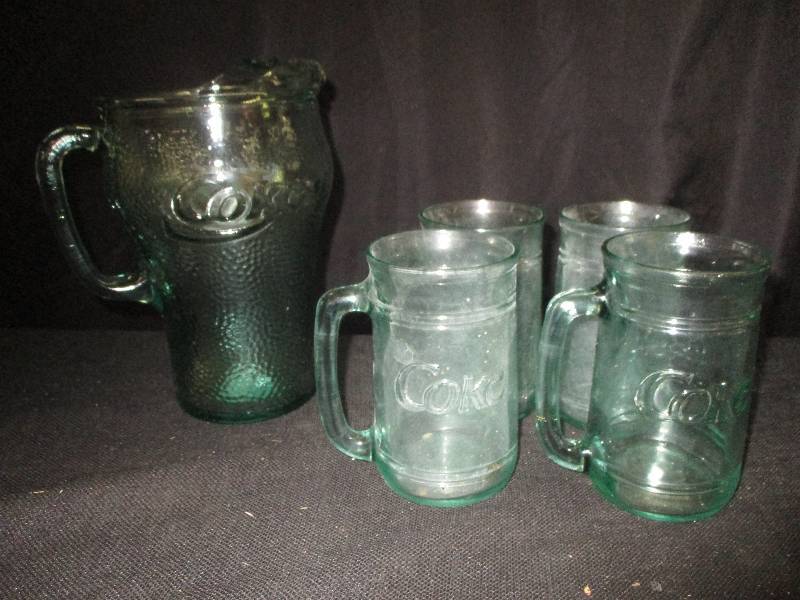 coke pitcher and 4 mugs