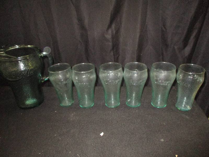 coke pitcher and 6 glasses