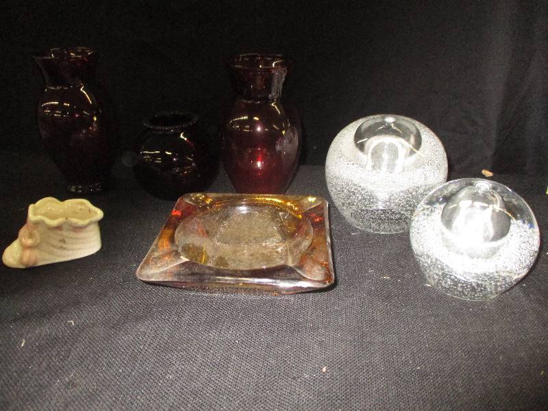 ,puzzles, ruby red vases, candle holders,etc