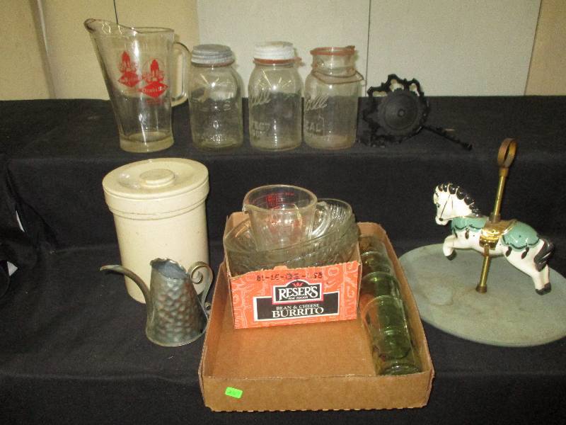 stoneware, garin belt pitcher, lamp holder, glass jars etc