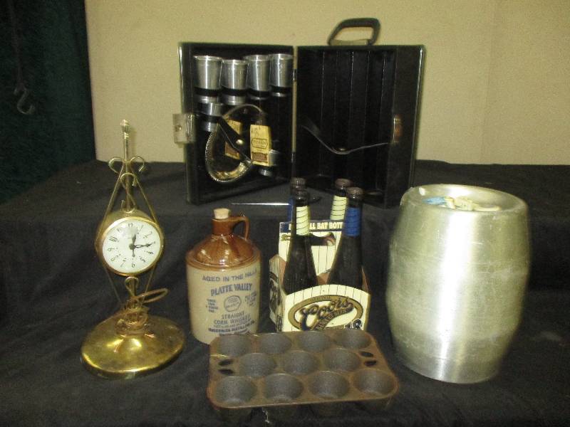 hamms keg, stoneware, cast muffin pan,beer bottles